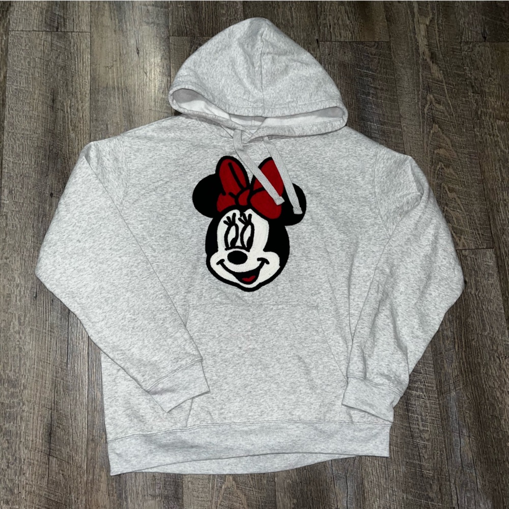 Disney Minnie Mouse Licensed Hoodie Crochet Patch Sweatshirt Grey Women’s Size L
